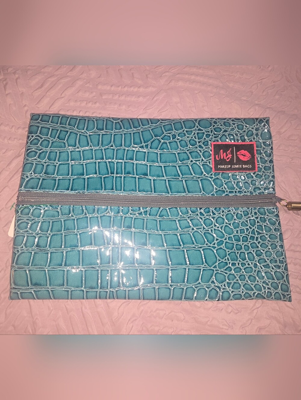 Makeup Junkie Bags Teal Croc-Embossed Cosmetic Bag-MEDIUM 11" X 8" - Picture 2 of 5